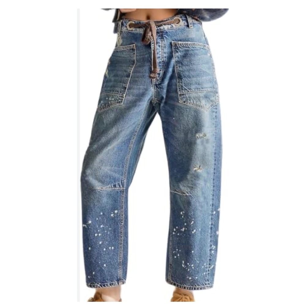 We The Free Free People Old West Slouchy Jeans 31 Paint Splatter Drawstring Blue - Picture 2 of 9